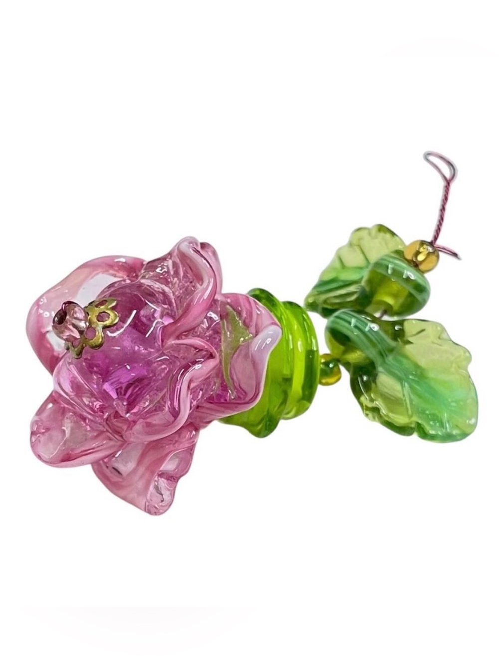 Handmade Artisan Lampwork Sculpted Glass Pink Flower & Leaf Focal Pendant Bead